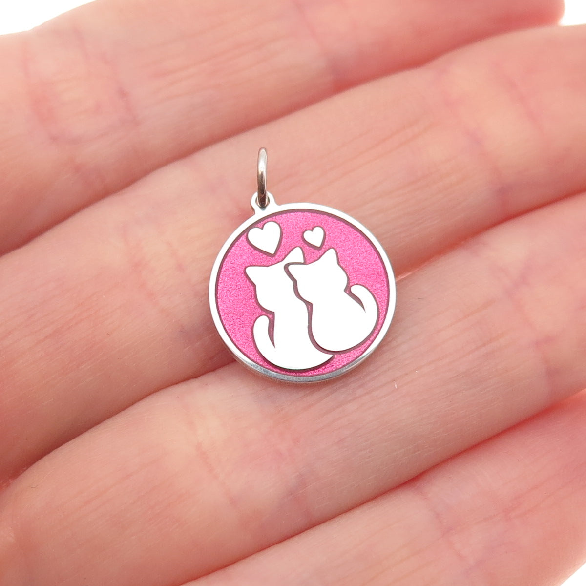 925 Sterling Silver Pink Enamel Cat Couple Round Tag Mini Charm Pendant