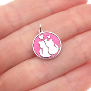 925 Sterling Silver Pink Enamel Cat Couple Round Tag Mini Charm Pendant