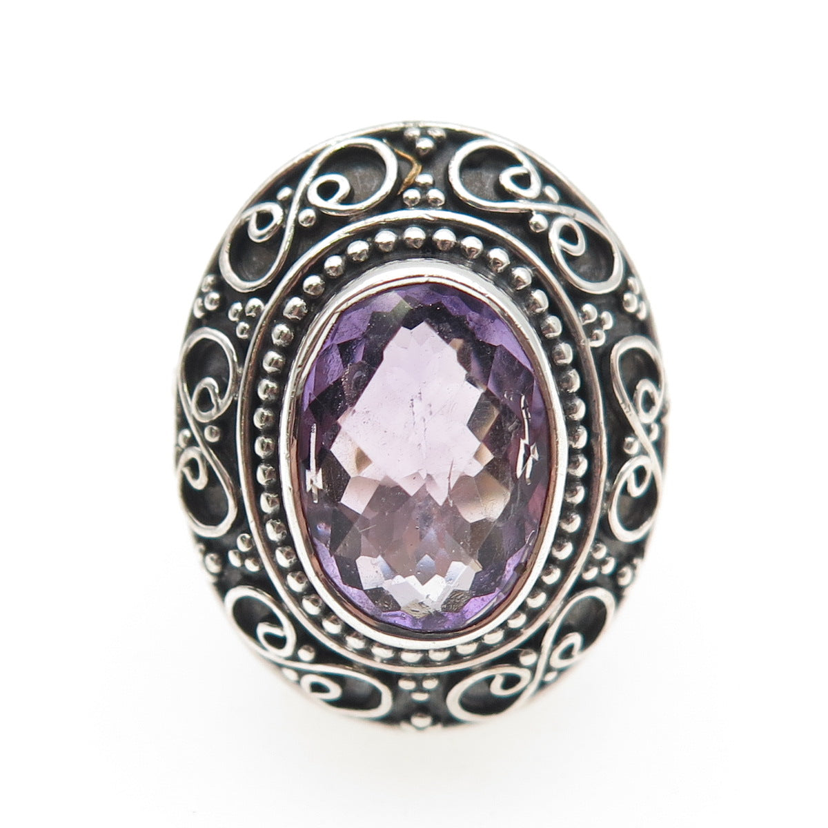 925 Sterling Silver Vintage Real Amethyst Scroll Oxidized Ring Size 7