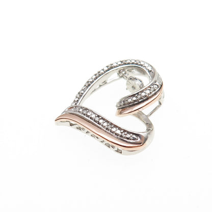 925 Sterling Silver 10K Rose Gold Real Diamond Heart Mini Slide Charm Pendant