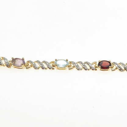 ROSS SIMONS 925 Sterling Silver 2-Tone Multi-Color Gem "X" Link Bracelet 7.25"