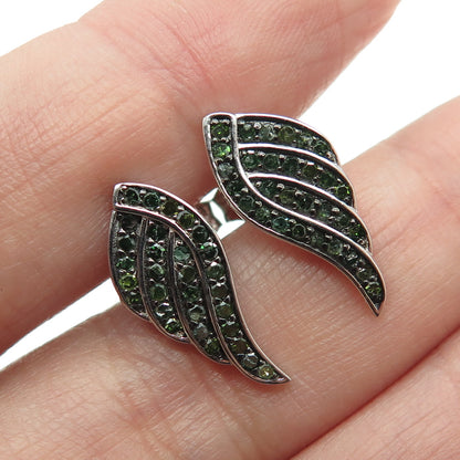 925 Sterling Silver Real Round-Cut Green Diamond Angel Wing Earrings