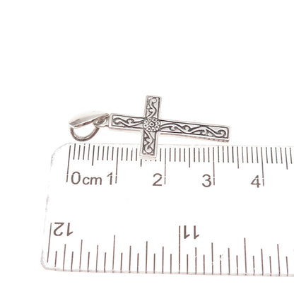 925 Sterling Silver Vintage Floral Ornate Cross Oxidized Charm Pendant