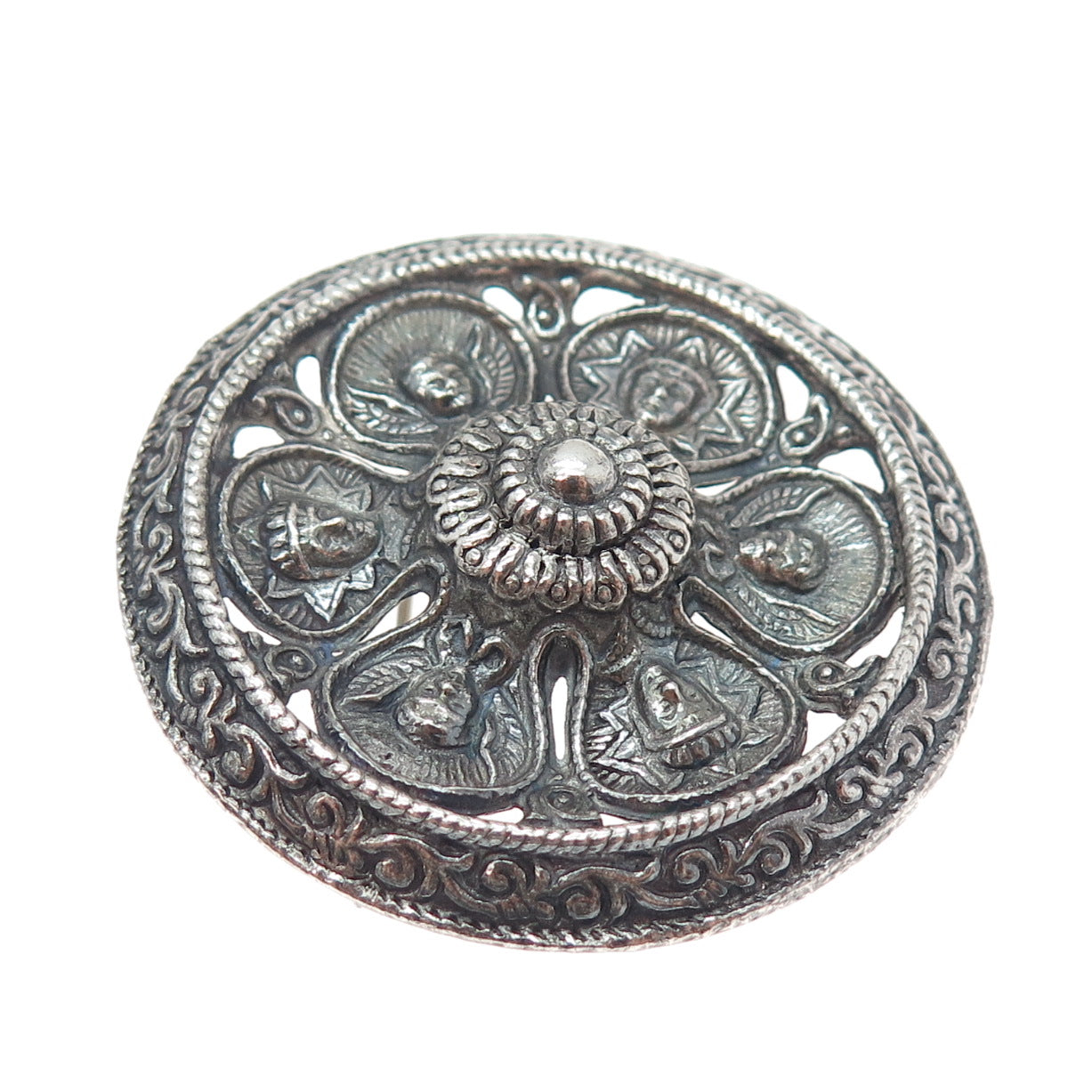 835 Silver Antique Scandinavian King & Cherub Oxidized Pin Brooch