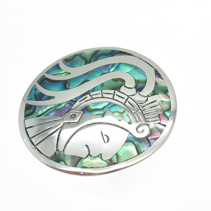 925 Sterling Silver Vintage Mexico Real Abalone Shell Warrior Pin Brooch Pendant
