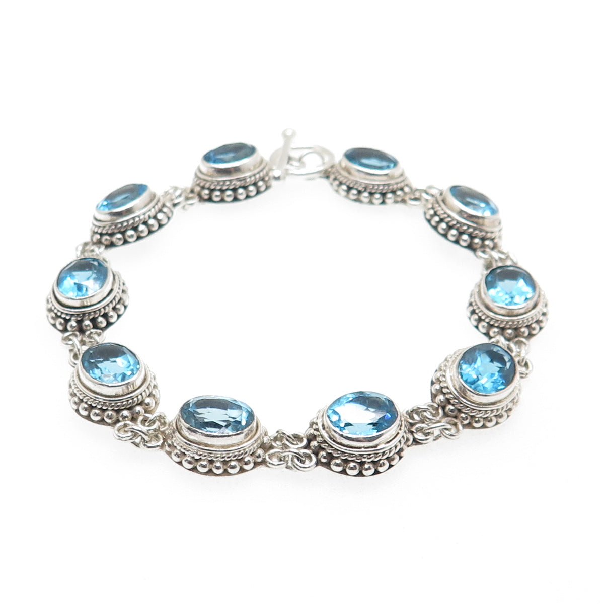 SUARTI BALI 925 Sterling Silver Vintage Real Blue Topaz Beaded Bracelet 7.5"
