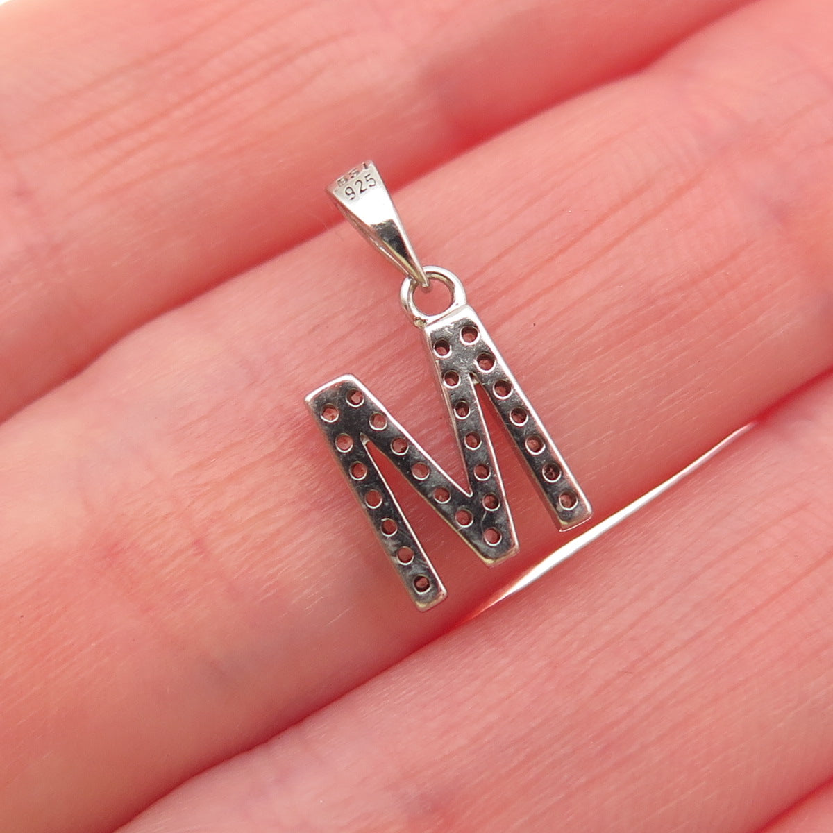 925 Sterling Silver Round-Cut C Z Letter M Initial Mini Charm Pendant