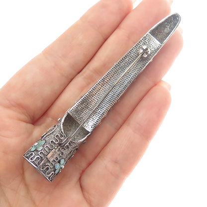 925 Sterling Antique China Enamel Turquoise & Coral Finger Nail Guard Pin Brooch