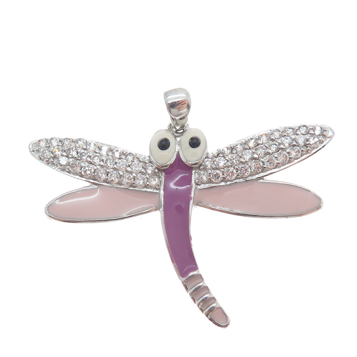 925 Sterling Silver Round-Cut Shaped C Z & Colorful Enamel Dragonfly Pendant