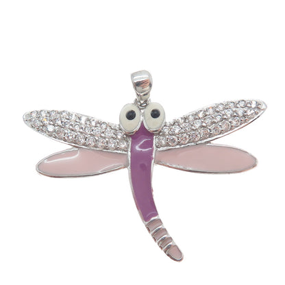 925 Sterling Silver Round-Cut Shaped C Z & Colorful Enamel Dragonfly Pendant