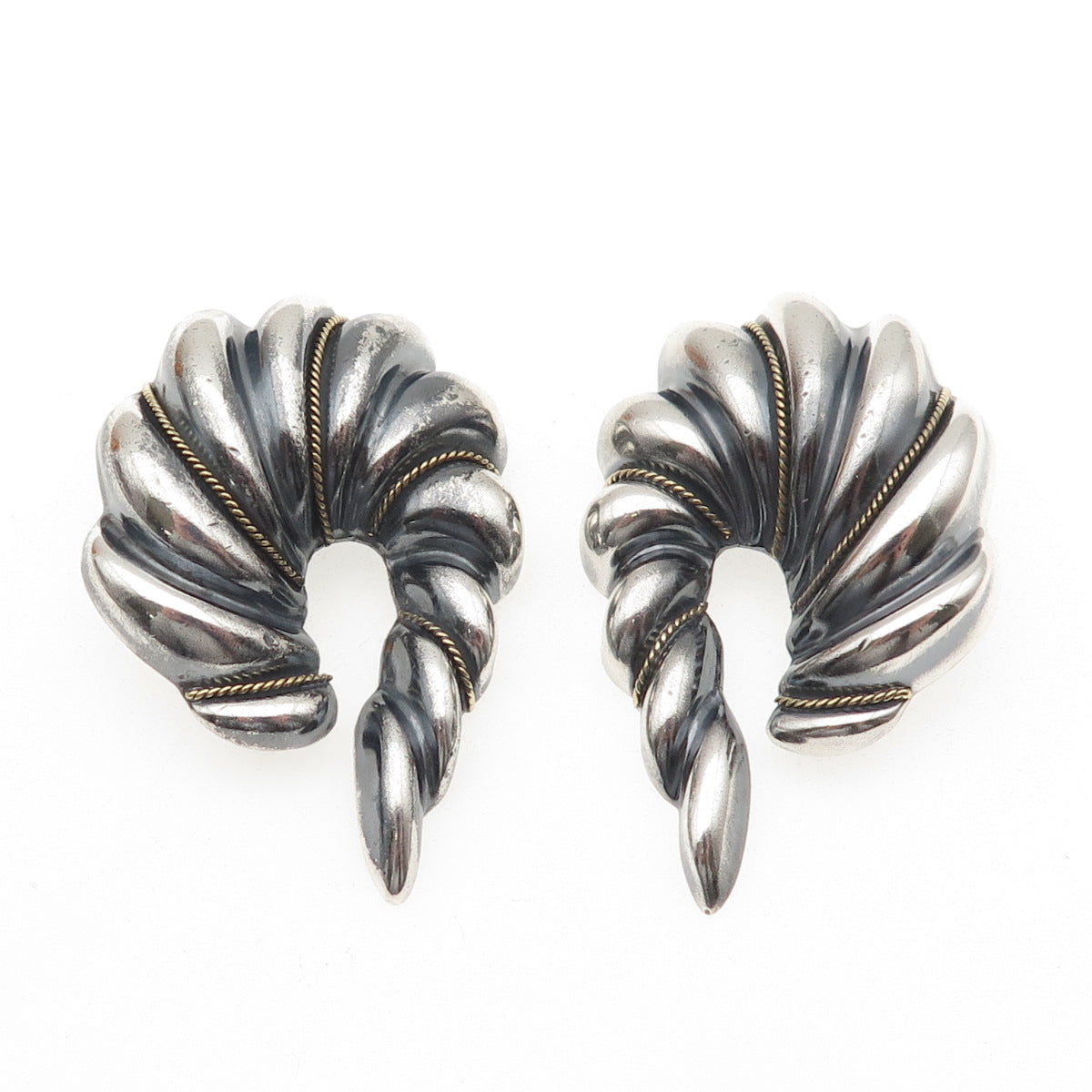 925 Sterling Silver 2-Tone Vintage Mexico Modernist Hook Clip On Earrings