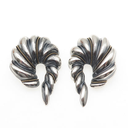 925 Sterling Silver 2-Tone Vintage Mexico Modernist Hook Clip On Earrings