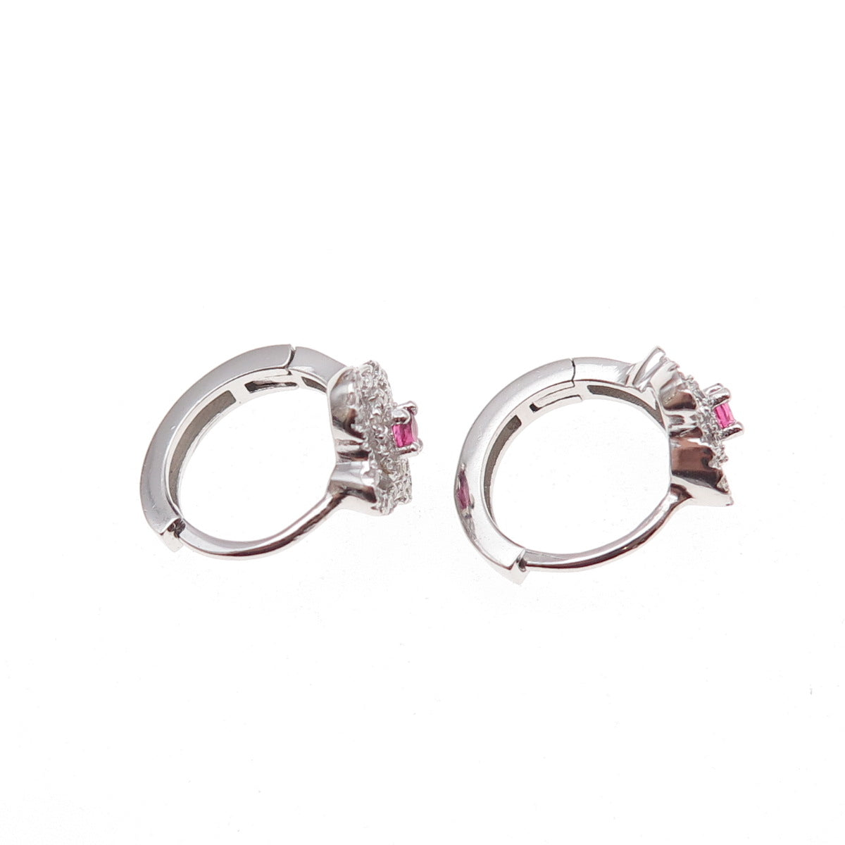 925 Sterling Silver Pink & White C Z Floral Hoop Earrings
