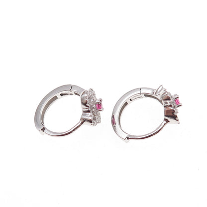 925 Sterling Silver Pink & White C Z Floral Hoop Earrings