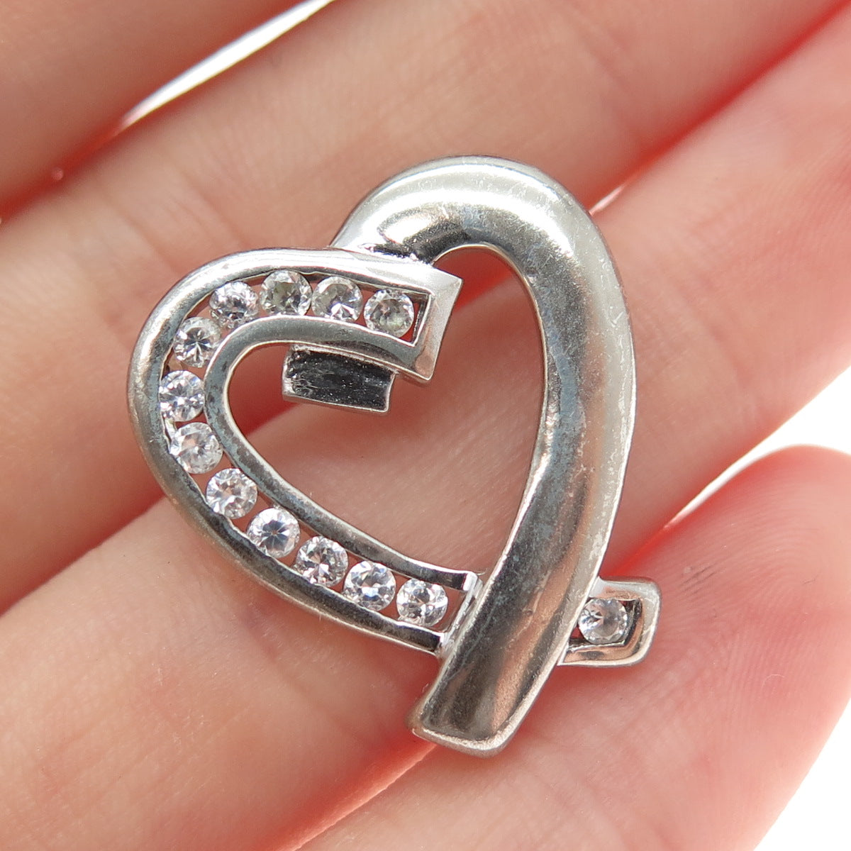 925 Sterling Silver Round-Cut C Z Heart Slide Charm Pendant