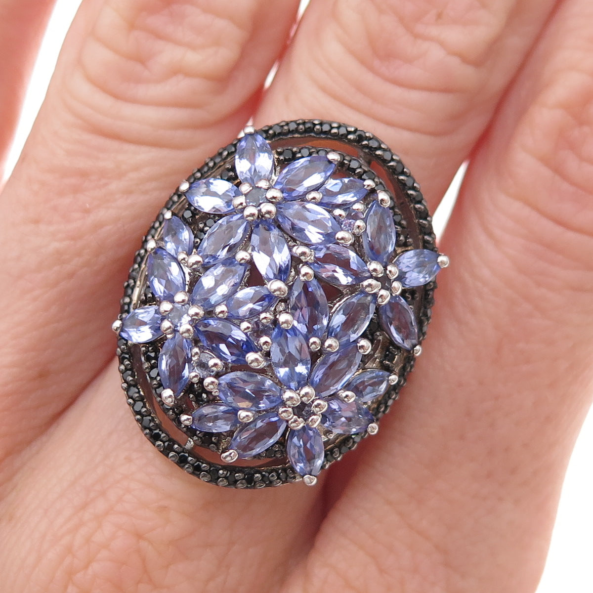 Chuck Clemency 925 Sterling Silver Real Tanzanite & Black Spinel Ring Size 8