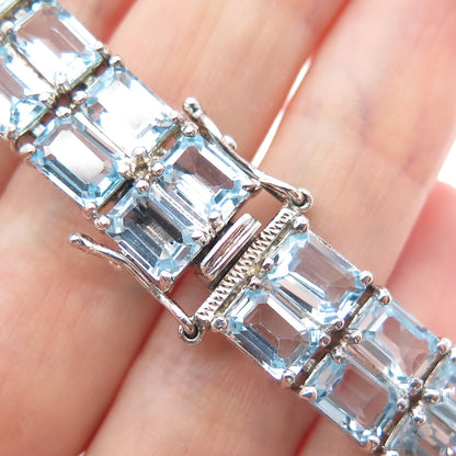 925 Sterling Silver Vintage Real Emerald-Cut Blue Topaz Bracelet 6.75"
