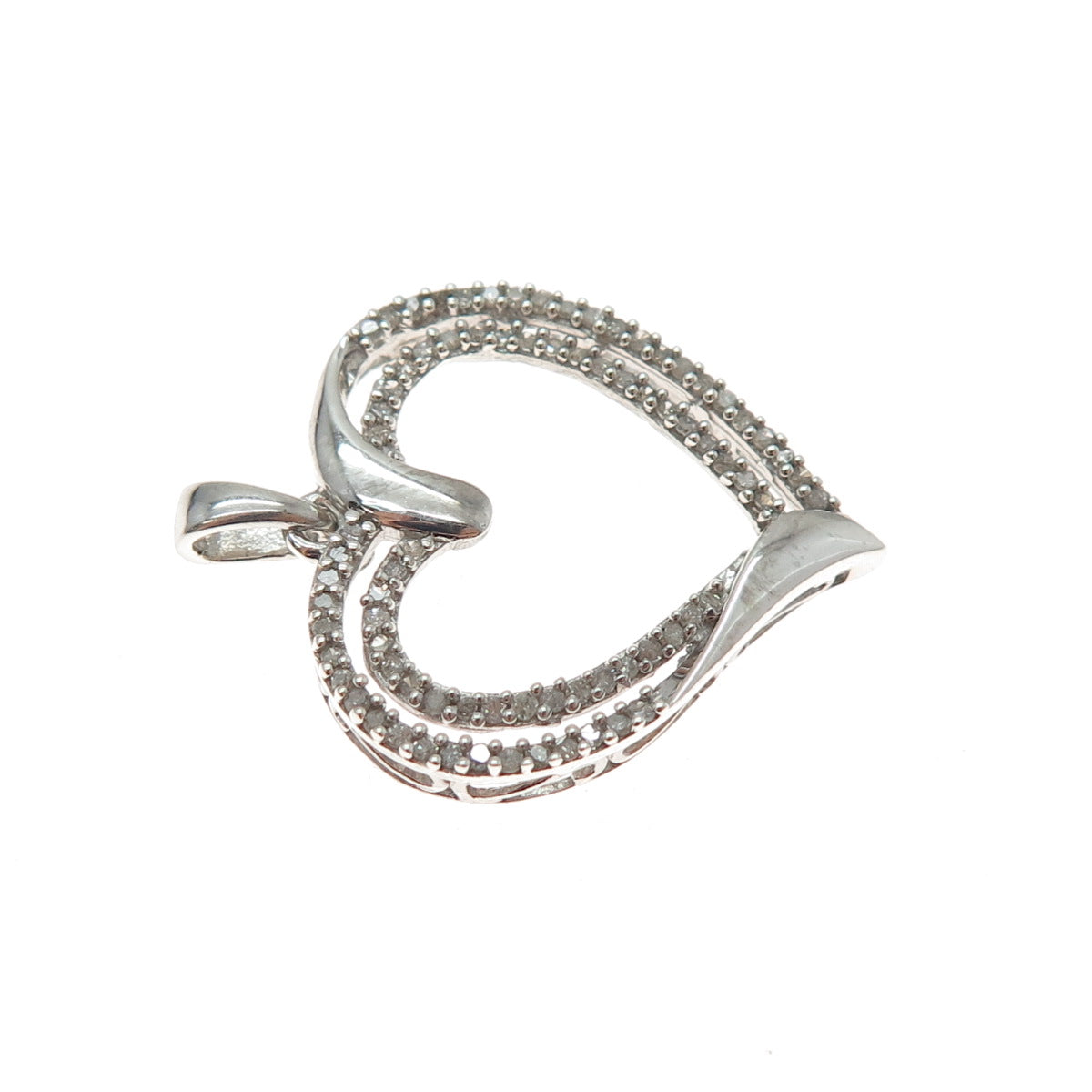 925 Sterling Silver Real Round-Cut Diamond Double Heart Charm Pendant