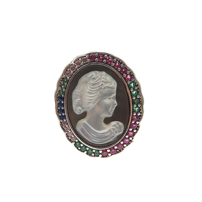 925 Sterling Vintage Real MOP Lab-Created Ruby Multi-C Z Cameo Ring Size 7.25