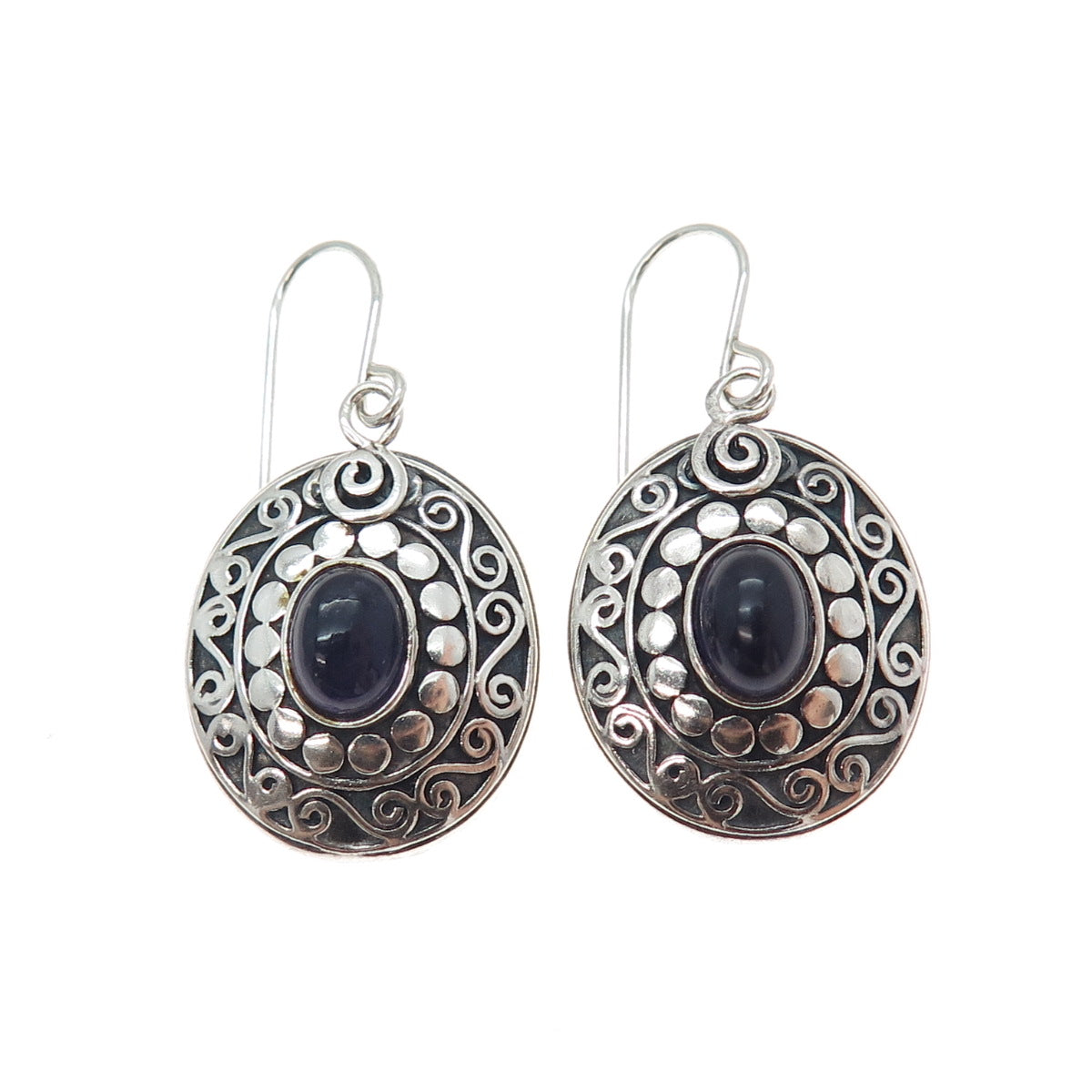 ATI ANNIKA WITT 925 Sterling Vintage Real Amethyst Dotted Swirl Dangle Earrings