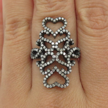 925 Sterling Silver Round-Cut Diamond Heart Floral Black Rhodium Ring Size 8.25
