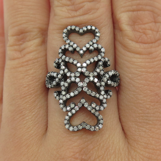 925 Sterling Silver Round-Cut Diamond Heart Floral Black Rhodium Ring Size 8.25