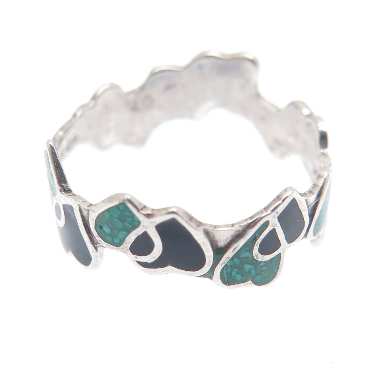 925 Sterling Silver Vintage Mexico Enamel Real Turquoise Inlay Heart Ring Size 7