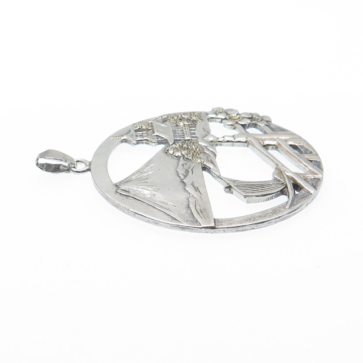 950 Silver Antique Japan Mount Fuji Old Town Pendant