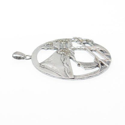 950 Silver Antique Japan Mount Fuji Old Town Pendant
