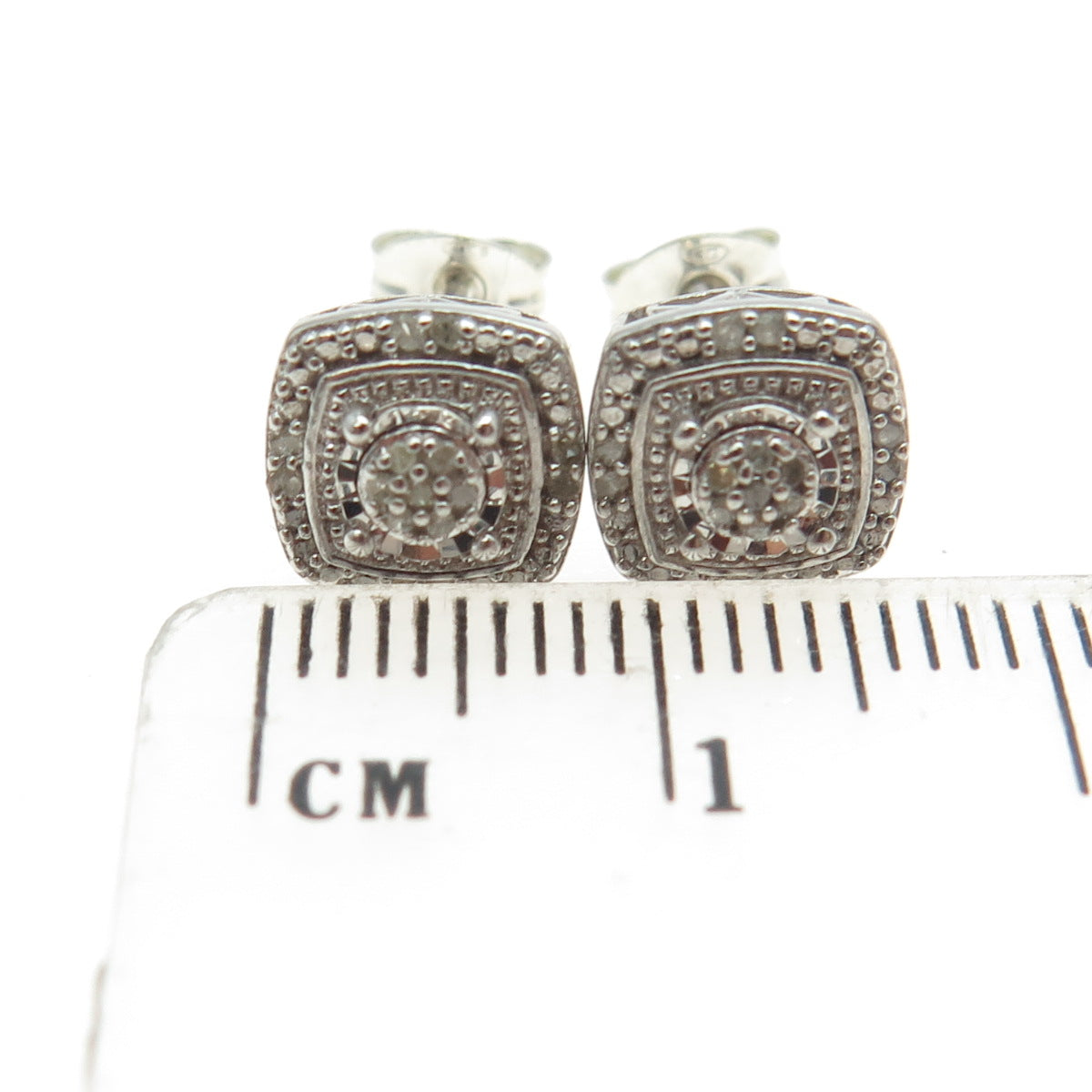 925 Sterling Silver Real Round-Cut Diamond Square Stud Earrings