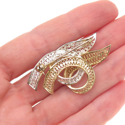 800 Silver 2-Tone Vintage Ribbon Filigree Pin Brooch