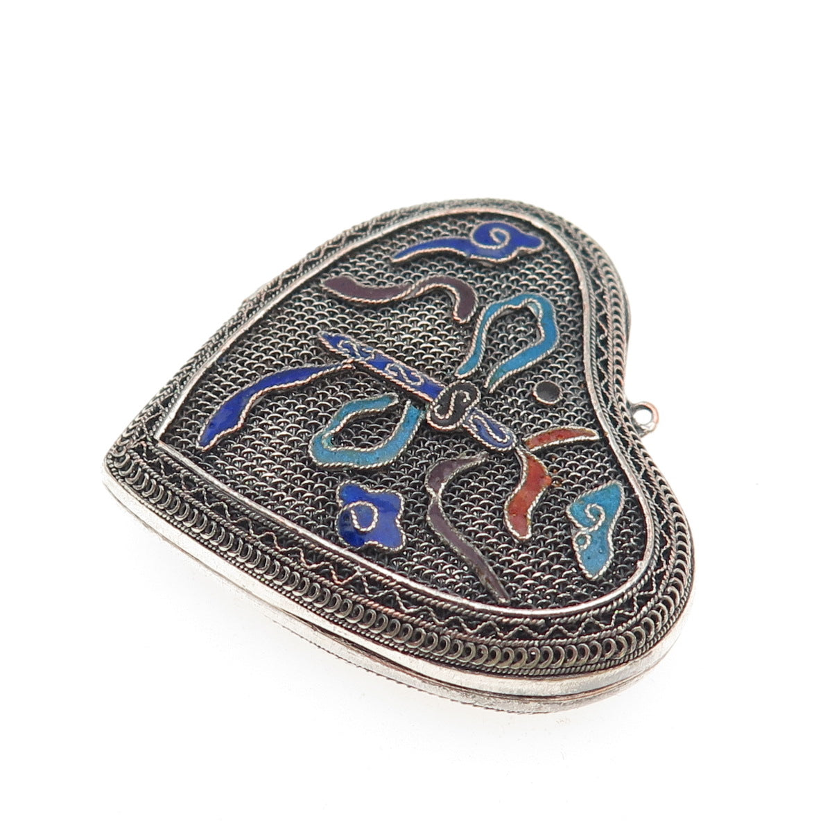 925 Sterling Silver Antique Art Deco Enamel Mesh Heart Locket Oxidized Pendant