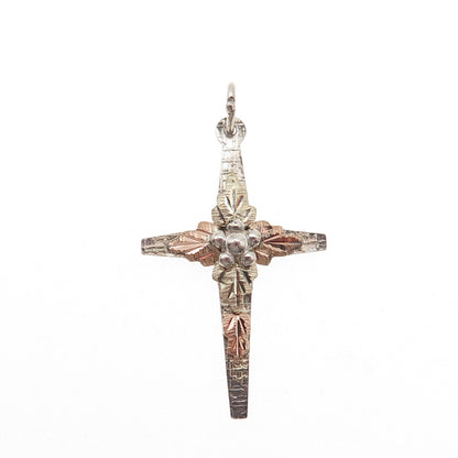 Landstorm 925 Sterling Silver 10K Gold Vintage Floral Cross Charm Pendant