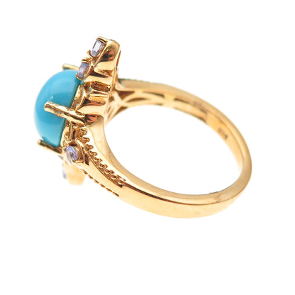 Chuck Clemency 925 Sterling Gold Plated Real Turquoise & Tanzanite Ring Size 8