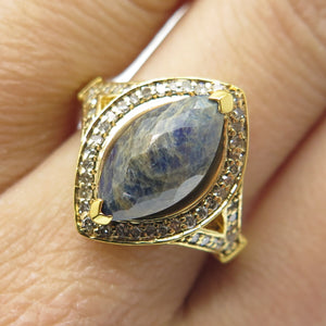 925 Sterling Silver Gold Plated Real Diamond & Picture Sapphire Gem Ring Size 8