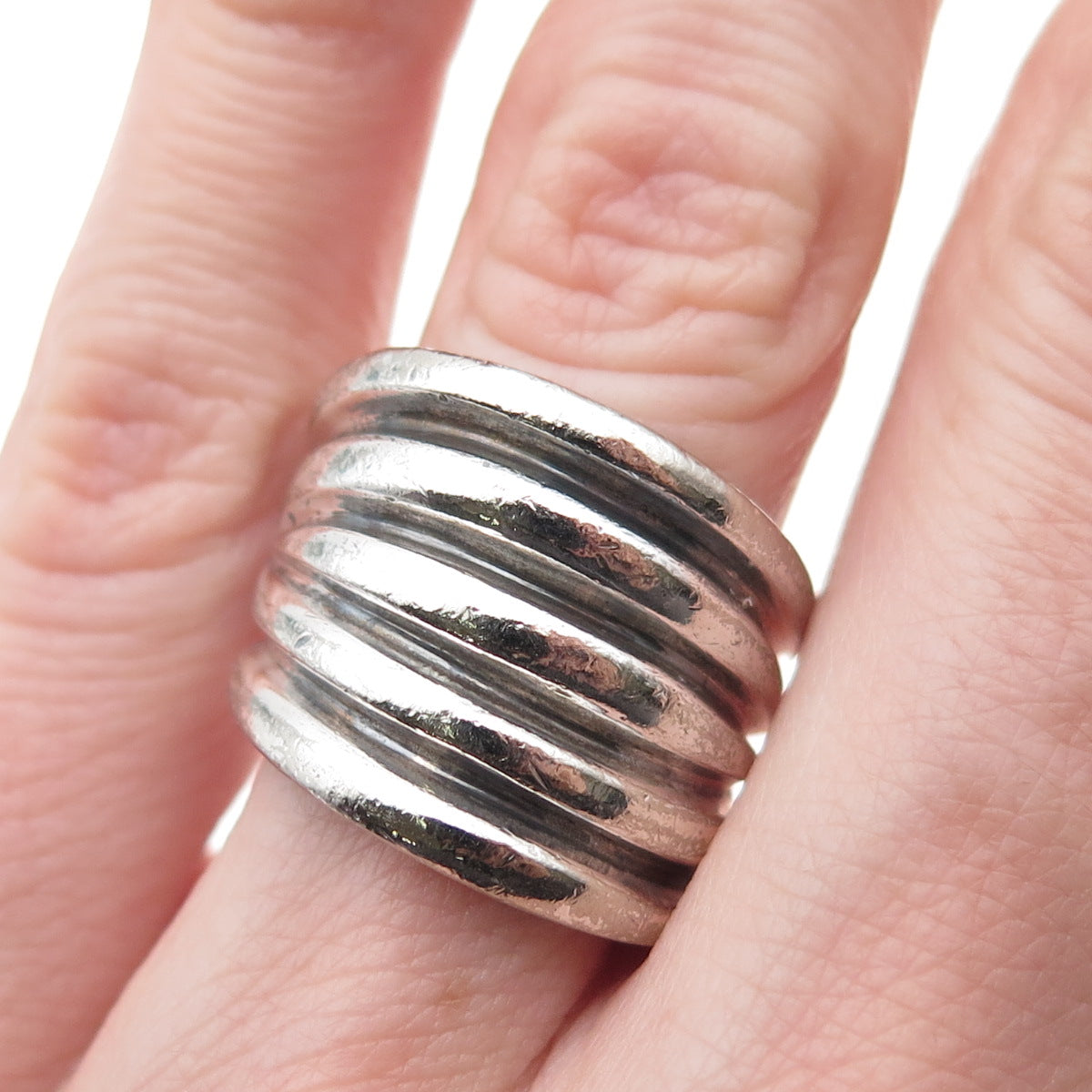 P.R.EX 925 Sterling Silver Vintage Italy Modernist Ribbed Oxidized Ring Size 6.5