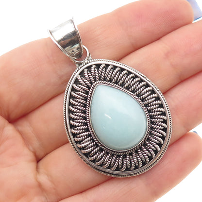 SUARTI BALI 925 Sterling Silver Vintage Real Larimar Teardrop Oxidized Pendant