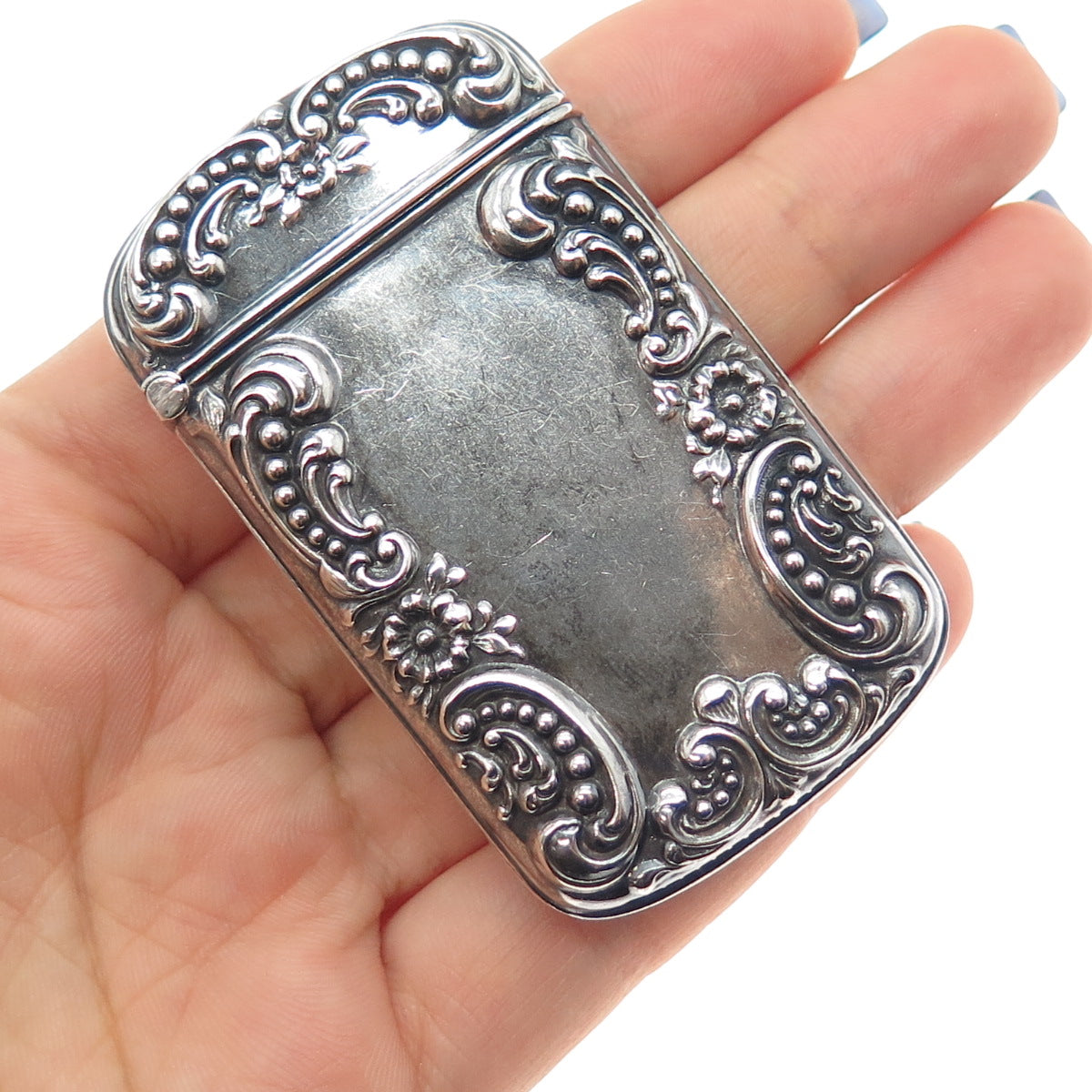925 Sterling Silver Antique Art Deco Floral Repousse Oxidized Vesta Match Case