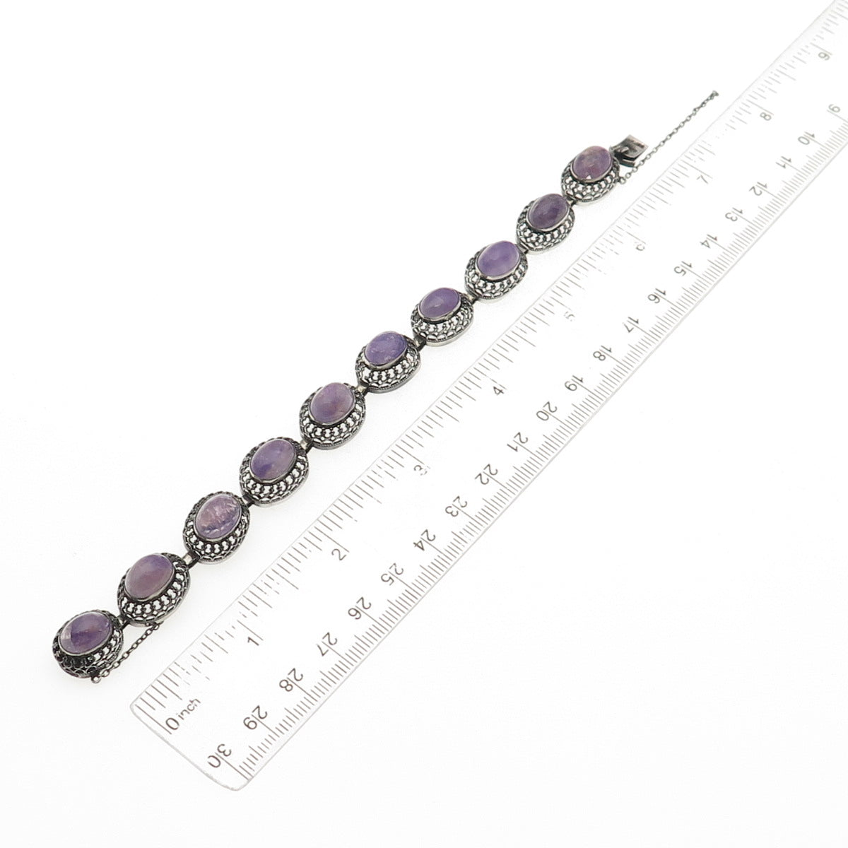925 Sterling Silver Antique Art Deco Germany Real Amethyst Bracelet 6.75"