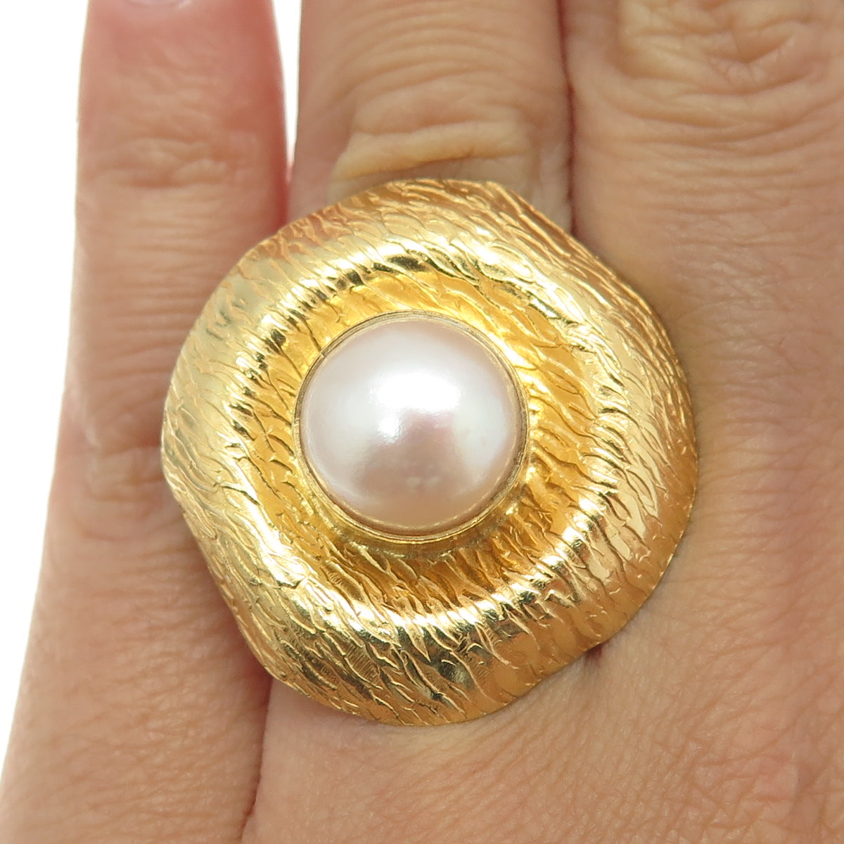 925 Sterling Silver Gold Plated Vintage Real Pearl Modernist Ring Size 6.5