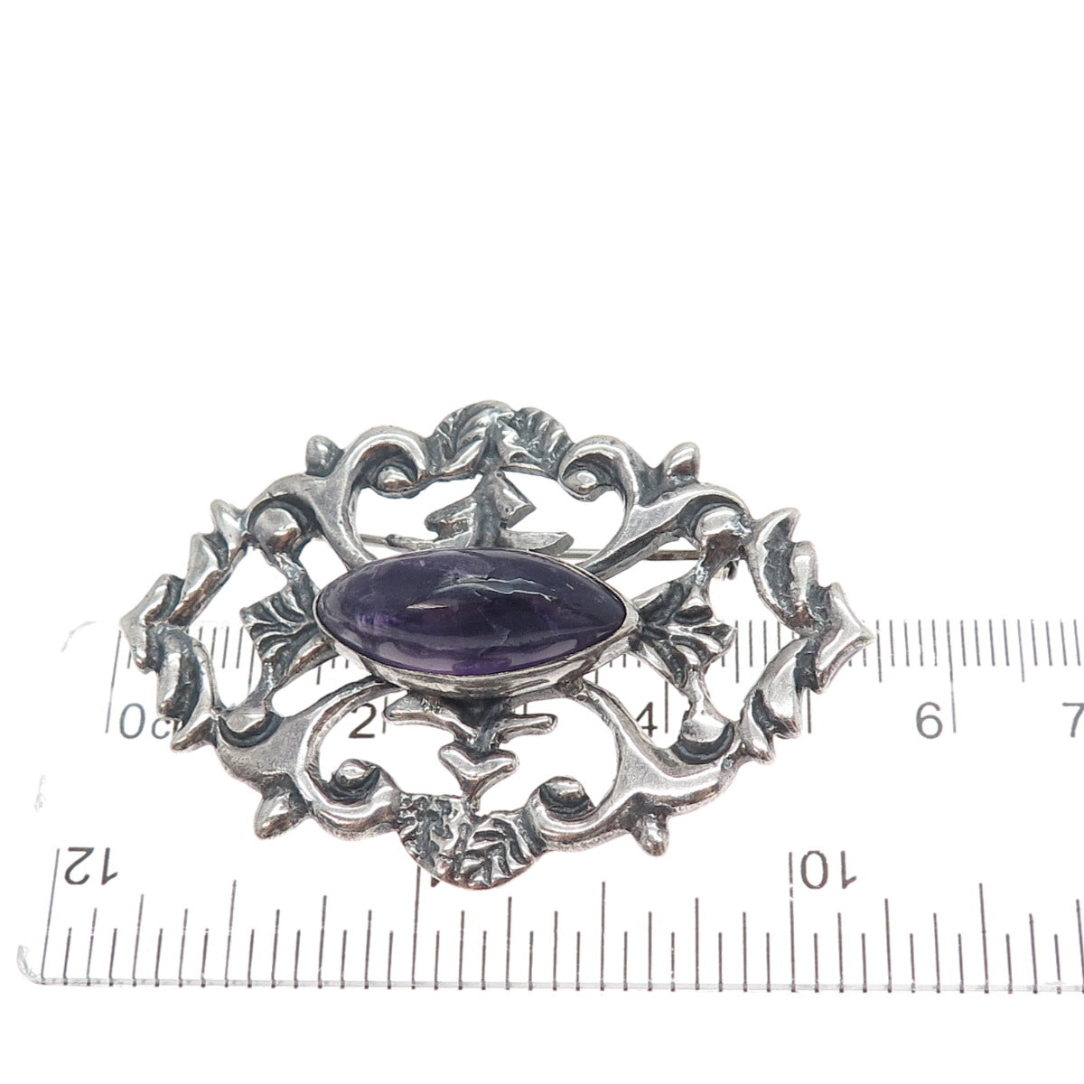 925 Sterling Silver Antique Mexico Real Amethyst Floral Oxidized Pin Brooch