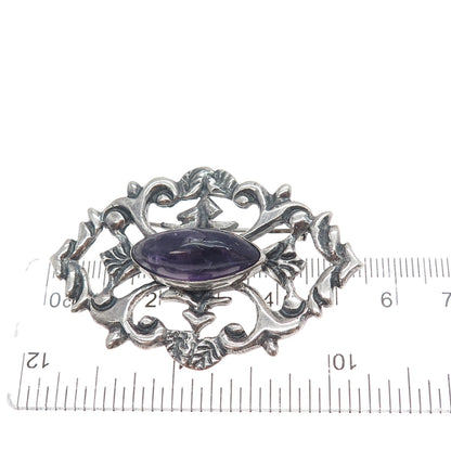 925 Sterling Silver Antique Mexico Real Amethyst Floral Oxidized Pin Brooch