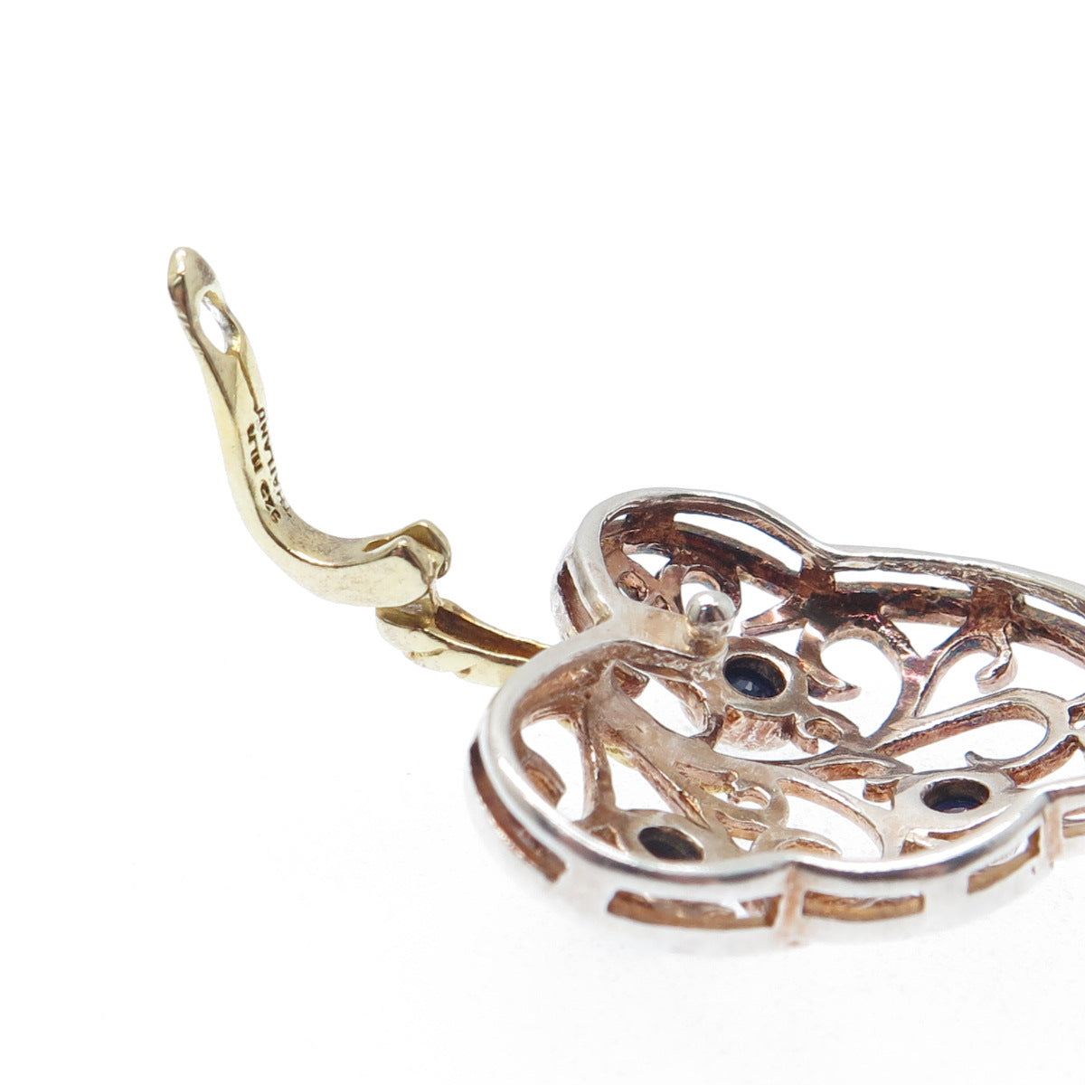 925 Sterling Silver 2-Tone Vintage Real Sapphire Floral Leaf Charm Pendant