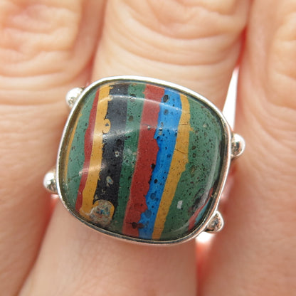 JAY KING DESERT ROSE 925 Sterling Silver Vintage Rainbow Calsilica Ring Size 7.5