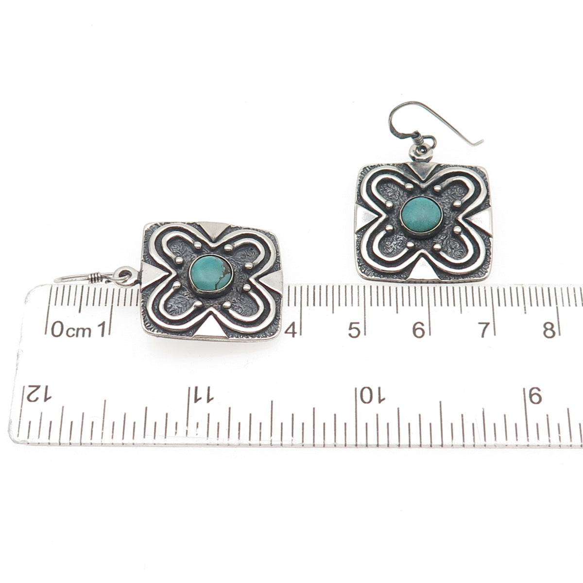 MC Silver Designs 925 Sterling Vintage Real Turquoise Floral Oxidized Earrings