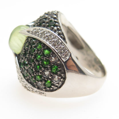DSMK 925 Sterling Silver Real Prehnite Peridot & White Topaz Dome Ring Size 7.25
