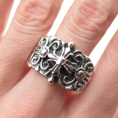 925 Sterling Silver Vintage Cross Oxidized Ring Size 13.75