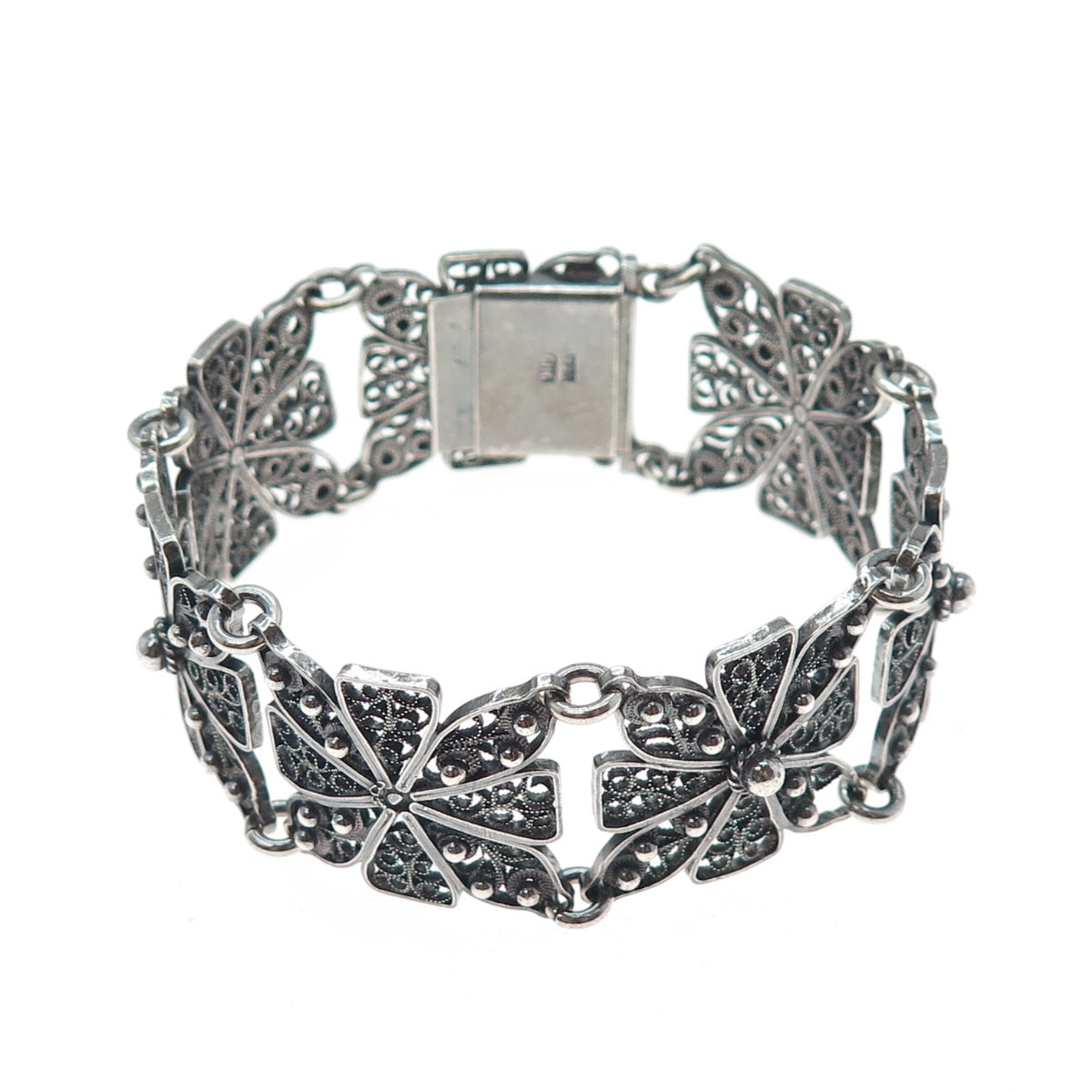 925 Sterling Silver Vintage GHG Artisan Cross Filigree Oxidized Bracelet 7.25"