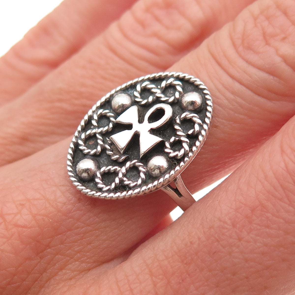 925 Sterling Silver Vintage Mexico Egyptian Ankh Oxidized Ring Size 8