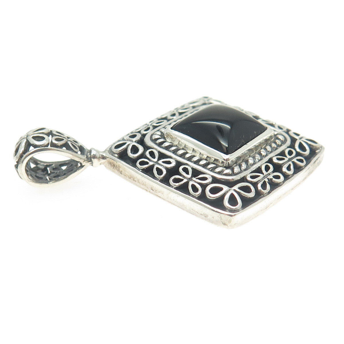 925 Sterling Silver Vintage Real Black Onyx Floral Pendant